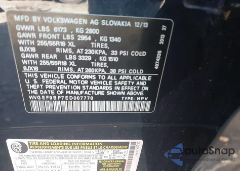 2014 Volkswagen Touareg V6 из США, поврежденный, VIN WVGEF9BP7ED007770